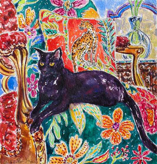 A watercolor and ink painting of a black cat with golden eyes sitting on a gold chair with a colorful floral pattern in the background.  Wall decor for art collectors.