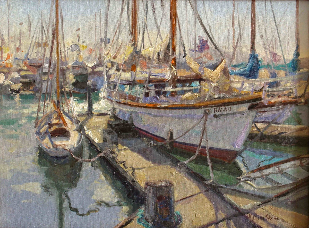 Plein air oil painting of several sailboats docked at a harbor with a particular focus on the boat named 'Ranui'. The background includes a clear sky and distant docks.