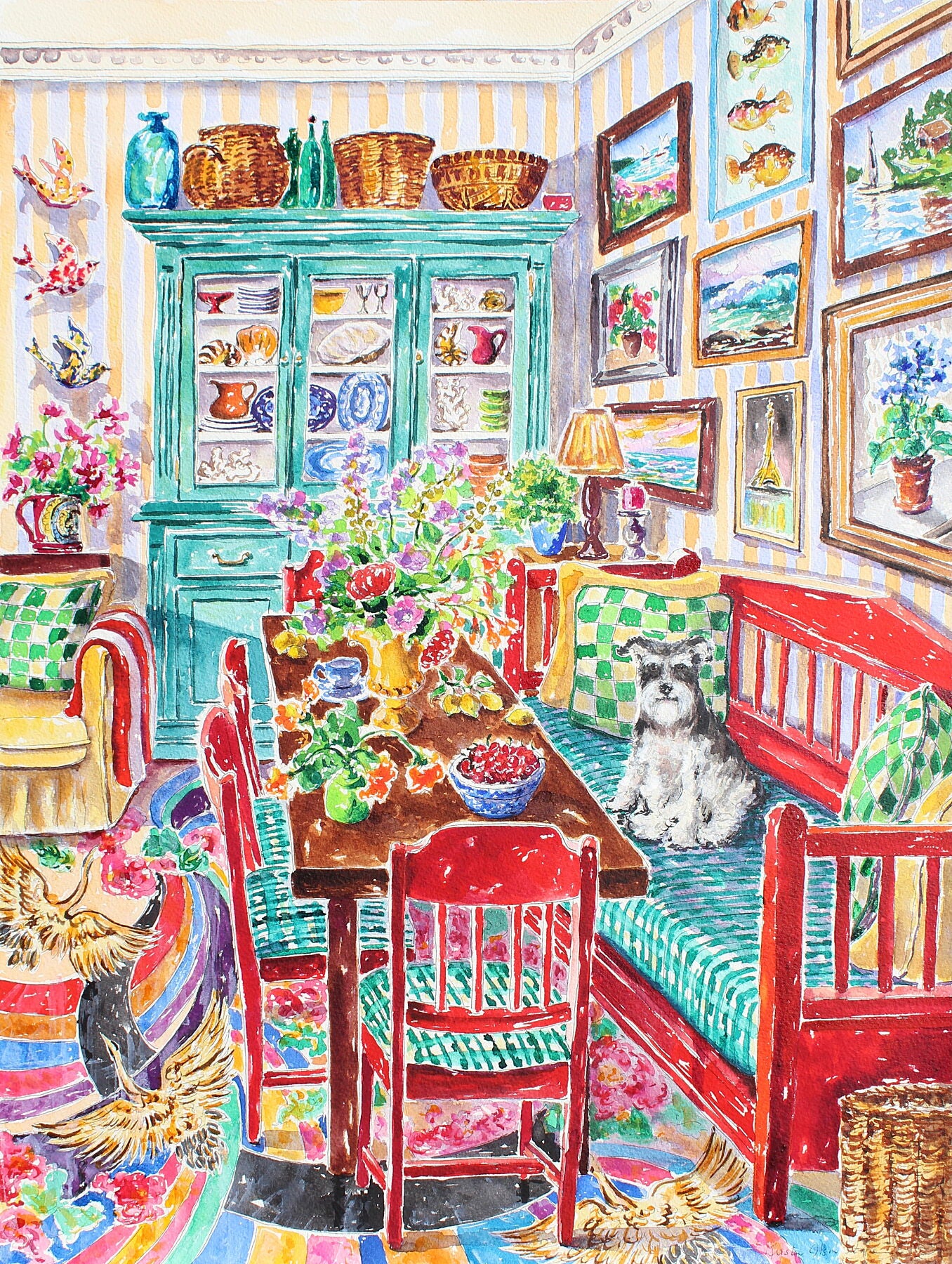 Colorful interior of a room with a  mini schnauzer dog sitting on a chair, surrounded by red and teal furniture and decor.  Wall decor for art collectors.