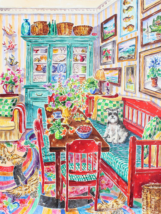 Colorful interior of a room with a  mini schnauzer dog sitting on a chair, surrounded by red and teal furniture and decor.  Wall decor for art collectors.