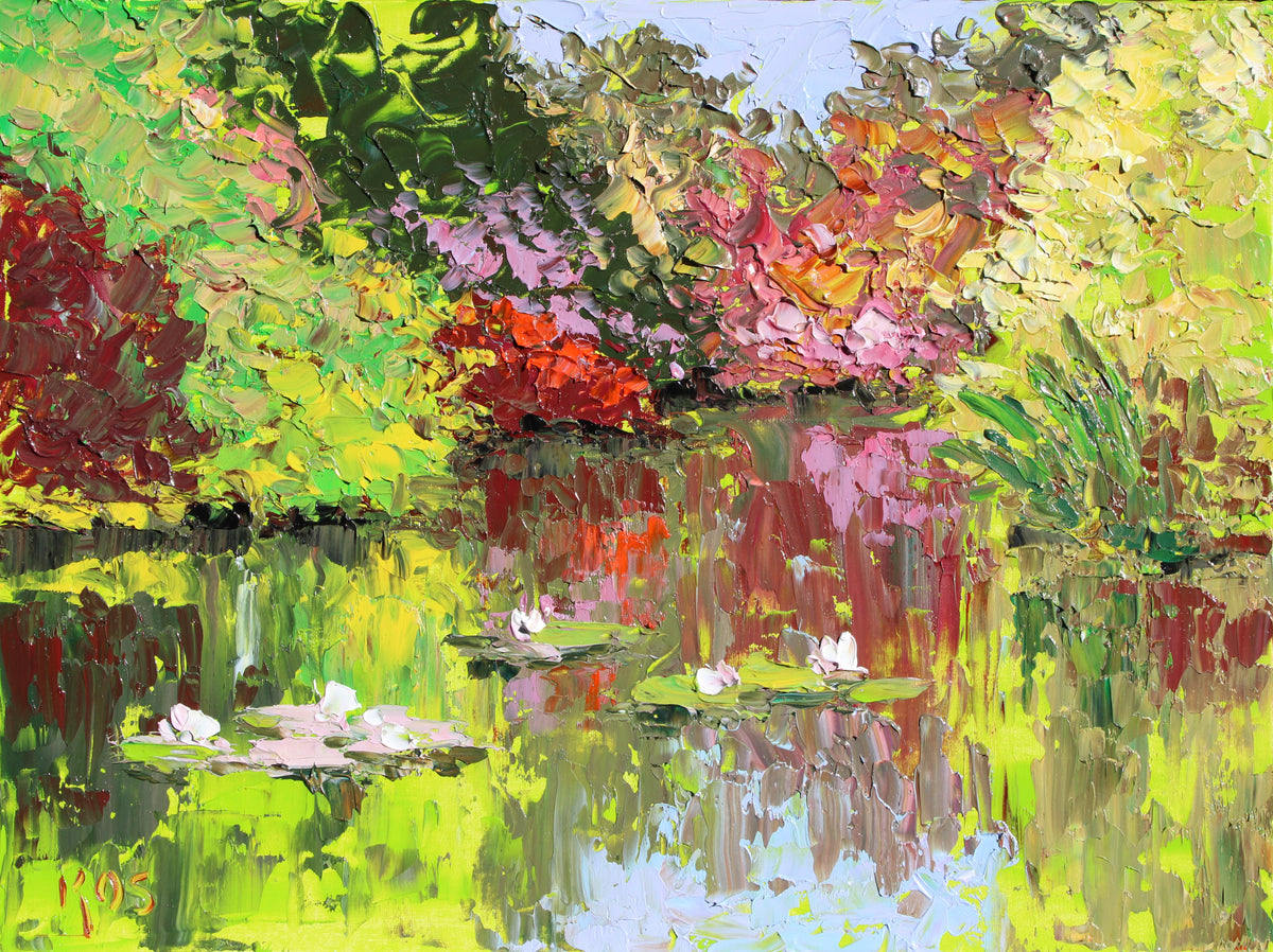 An impressionistic Impasto oil painting of a garden pond scene with lily pads, white ducks, and colorful foliage in green, yellow, red, pink, and purple tones.