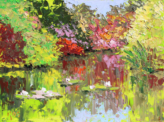 An impressionistic Impasto oil painting of a garden pond scene with lily pads, white ducks, and colorful foliage in green, yellow, red, pink, and purple tones.