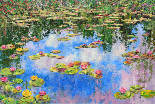 Painting of water lilies on a pond with reflections.  Wall decor for art collectors.