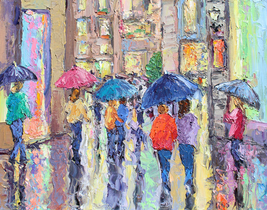 European street scene of people walking in the rain with umbrellas, featuring vibrant colors and reflections on wet pavement wall art decor for collectors. 