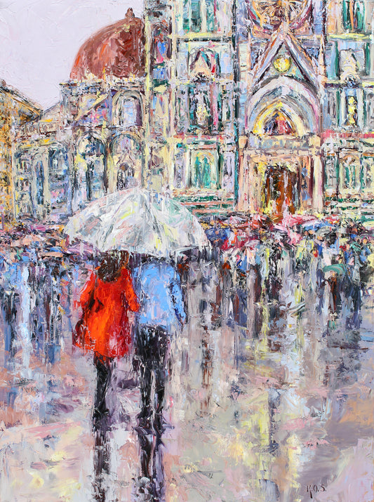 Reflections Of The Duomo- Original Oil painting by fine artist Kristen Olson Stone. Impressionist European street scene wall art decor for collectors.