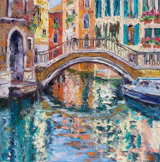Impressionistic oil painting of a Venetian canal scene with a stone bridge, colorful buildings, flowers, and reflections in the water.