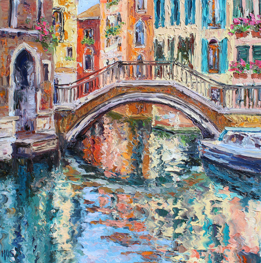 Impressionistic oil painting of a Venetian canal scene with a stone bridge, colorful buildings, reflections in the water, and a boat at the right.