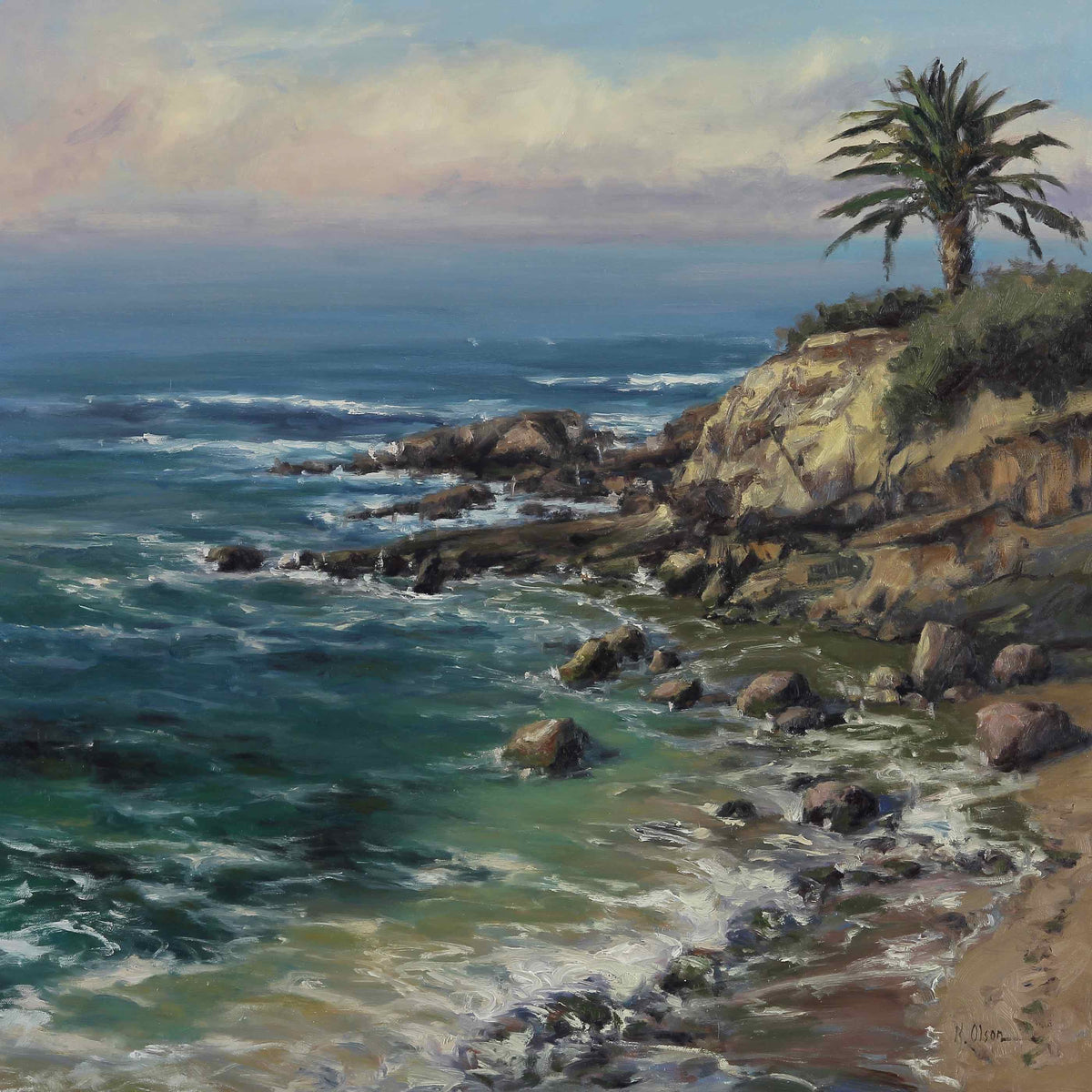 An oil painting of the view towards 'rock pile' at Heisler Park in Laguna Beach, featuring a clear blue sea with rocks and a palm tree on the shore.