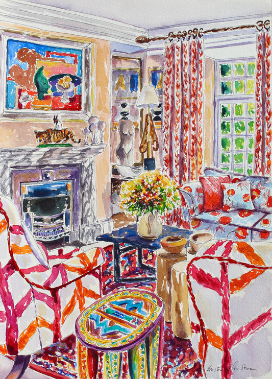 A watercolor painting of a maximalist styled room with pink and orange striped chairs and a tiger statue on a fireplace mantle.  Wall decor for art collectors.