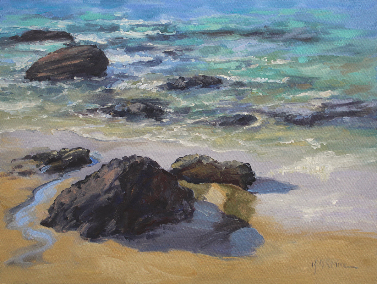 An original plein air oil painting on canvas featuring a seascape with rocks and water, painted en plein air at Crystal Cove.