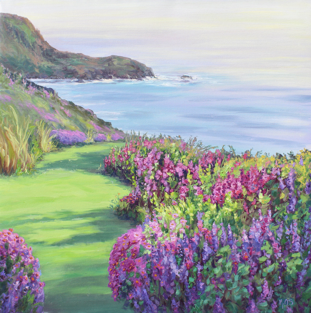 Original oil painting depicting a seascape with a garden in the foreground and cliffs by the sea in the background, rendered in beautiful colors of violets, greens, and soft grays.