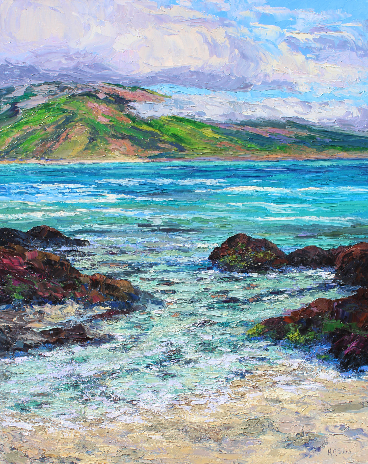 An original textured oil painting of lava rocks and the island of Lanai as viewed from Kahului, Maui.