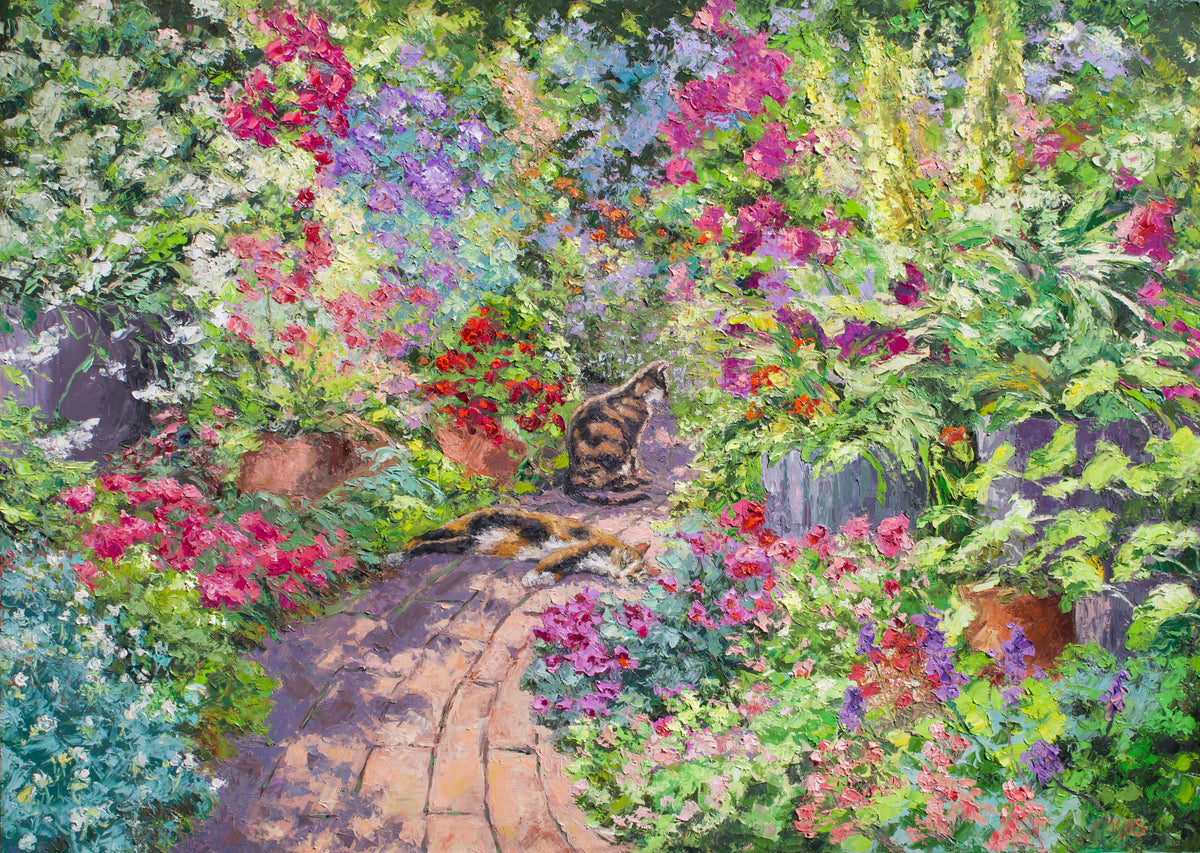 A colorful impressionist-style painting of a garden path lined with dense flowers and foliage, with a cat sitting near the center.