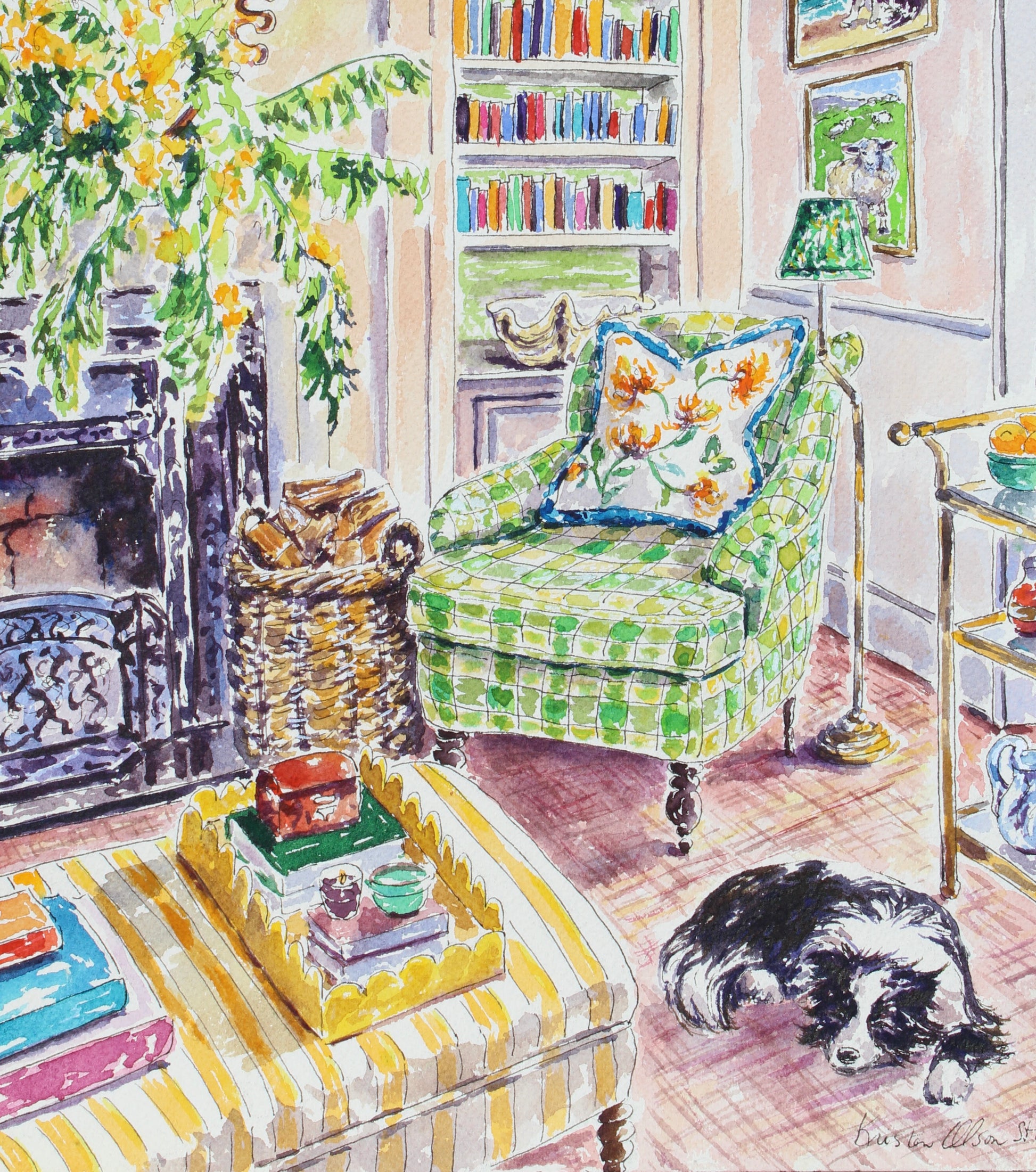 An original watercolor painting featuring a cozy living room with a sleeping border collie, a green striped sofa, a blue armchair, a fireplace, and a collection of books.  Wall decor for art collectors.