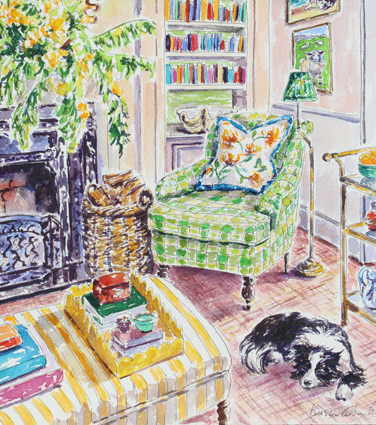 An original watercolor painting featuring a cozy living room with a sleeping border collie, a green striped sofa, a blue armchair, a fireplace, and a collection of books.  Wall decor for art collectors.
