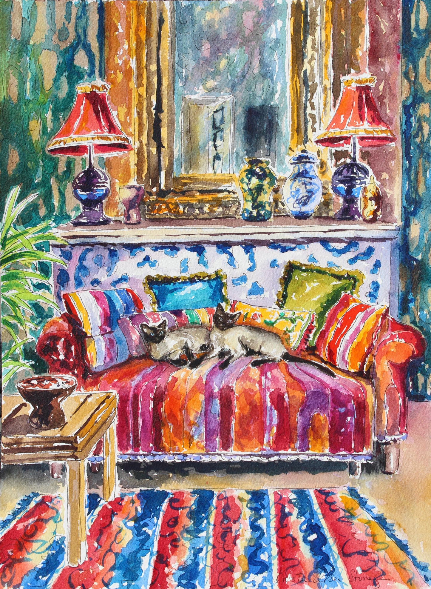An original watercolor and ink painting featuring two Siamese cats lounging on a colorful sofa, with a detailed and vibrant depiction of a room and its decor.  Wall decor for art collectors.