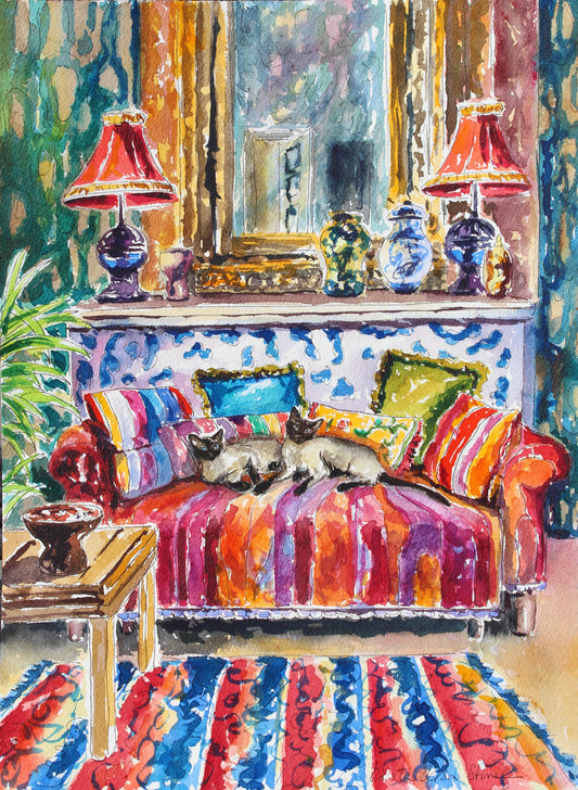 An original watercolor and ink painting featuring two Siamese cats lounging on a colorful sofa, with a detailed and vibrant depiction of a room and its decor.  Wall decor for art collectors.