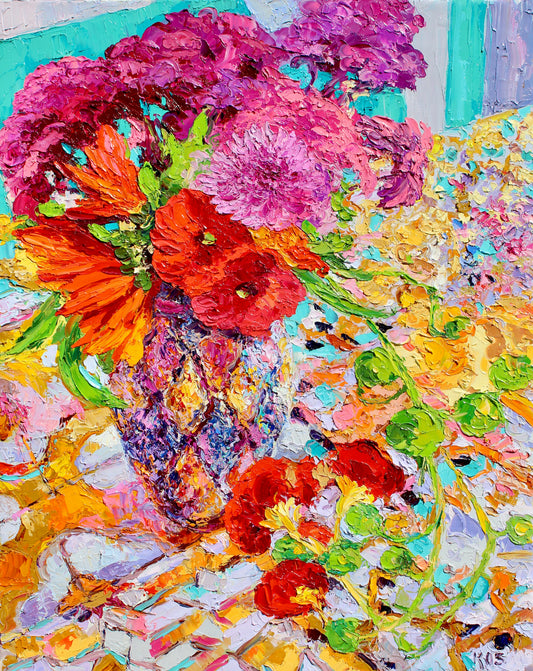 Colorful abstract impasto oil painting of flowers with vibrant colors. Wall decor for art collectors.