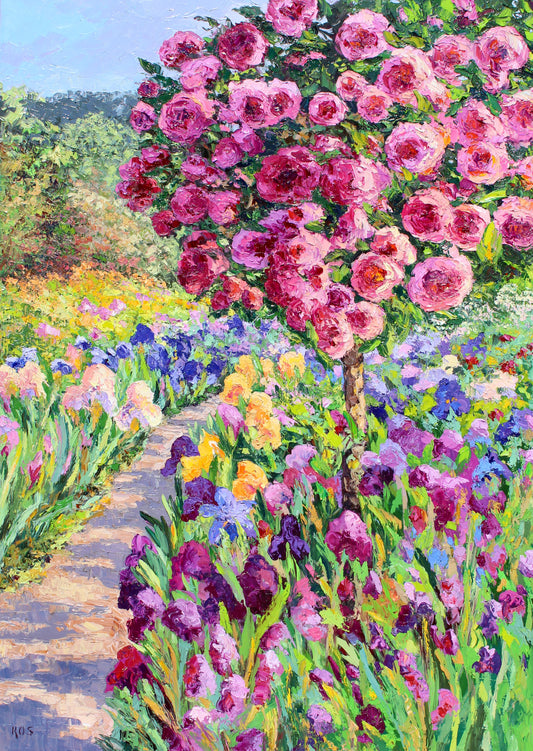 Summer Blooms - Original Oil painting by fine artist Kristen Olson Stone. Impressionist Giverny Gardens vibrant flower garden wall art decor for collectors.