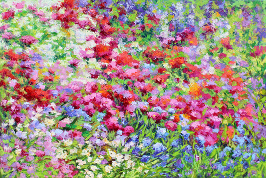 Impressionistic oil painting of a dense wildflower meadow with vibrant red, pink, purple, blue, and white blossoms interspersed with lush green foliage.