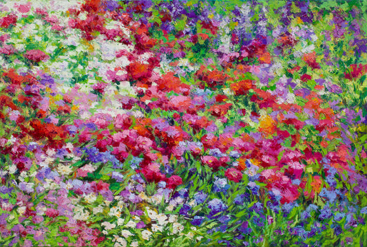 Impressionistic oil painting of a dense wildflower meadow with vibrant red, pink, purple, white, and blue flowers interspersed with green foliage.