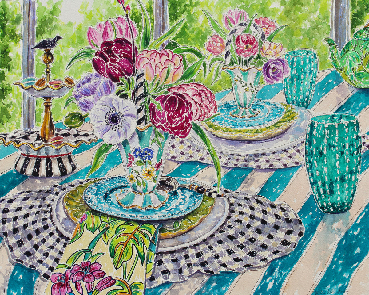 An original watercolor painting of flowers and glass vases on a table with strips and checkered cloth