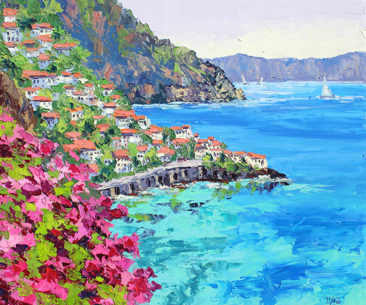 An oil painting of the Amalfi coast featuring a vibrant foreground with pink bougainvillea and a serene view of the coast with sailboats in the distance.