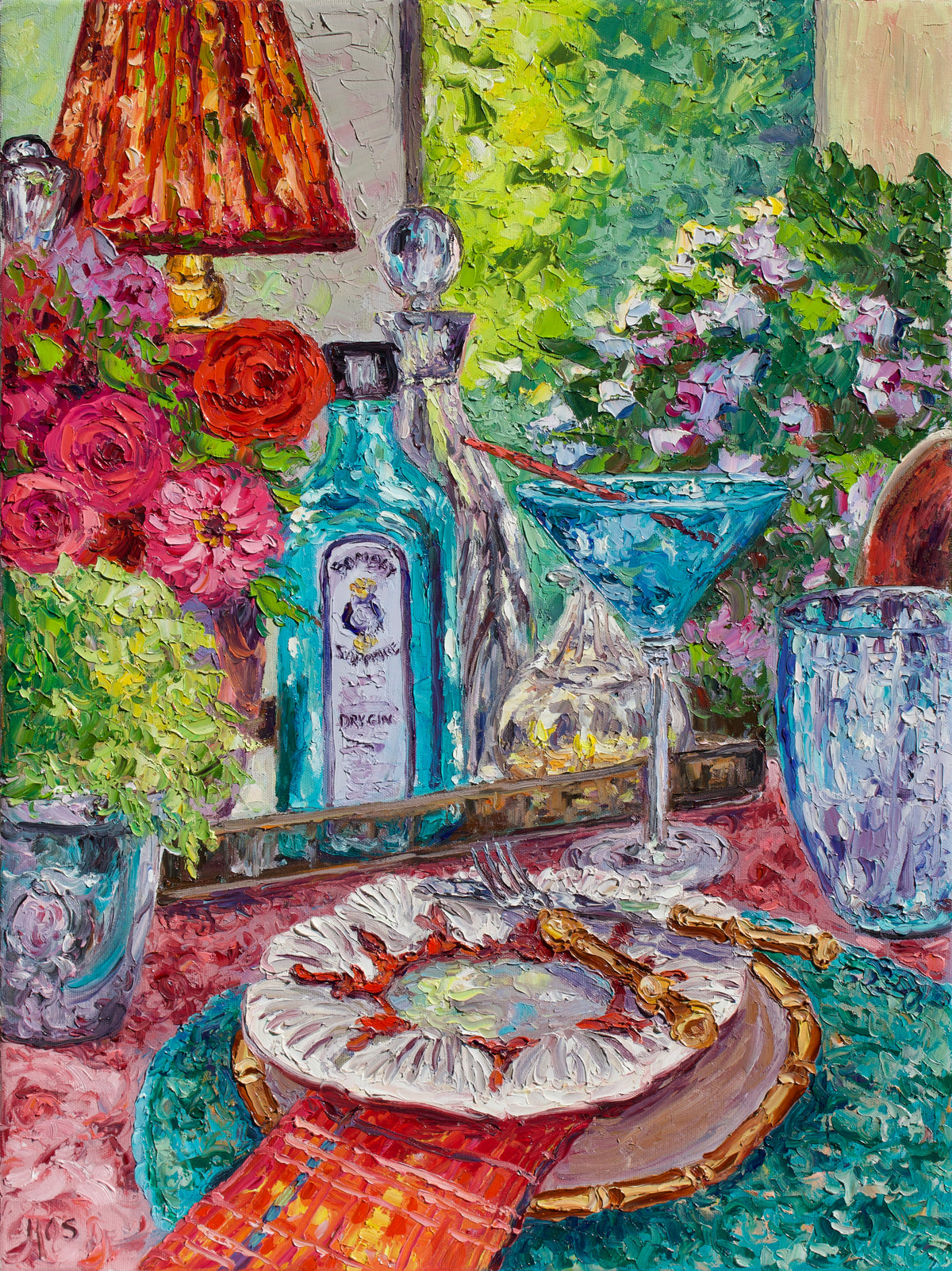 Impressionistic oil painting of a vibrant still life tabletop scene, featuring a blue gin bottle, a martini glass, a red patterned lampshade, pink and red flowers, and a white plate with food on a green and teal tablecloth.
