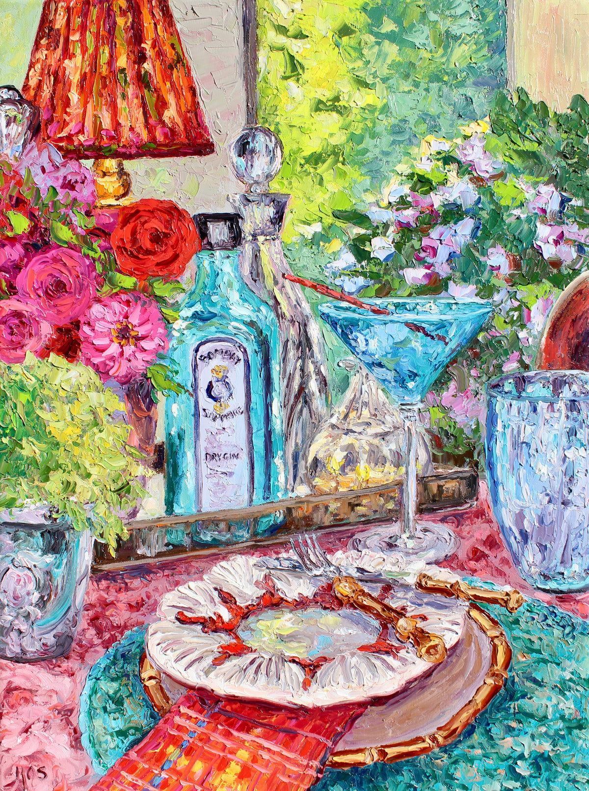 Colorful painting of a table setting with a gin bottle, glasses, and flowers.