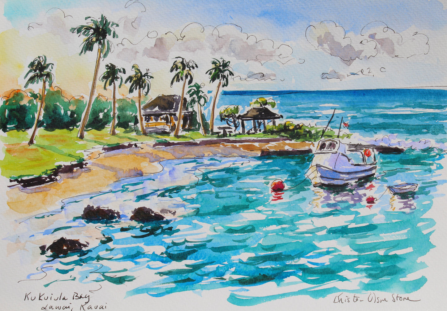 An original watercolor of the sunrise over Kukui'ula Bay on the island of Kauai near Poipu.  A fishing boat is moored in the bay near a golden sand beach with swaying coconut palm trees.  Wall decor for art lovers.