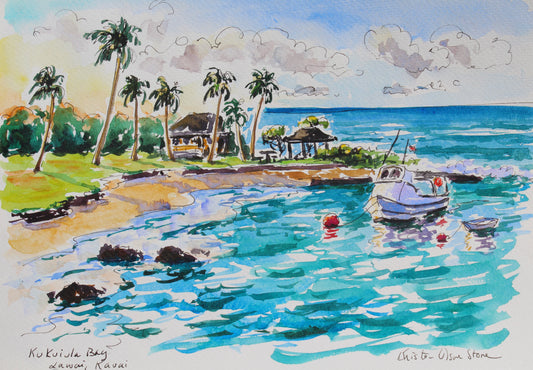 An original watercolor of the sunrise over Kukui'ula Bay on the island of Kauai near Poipu.  A fishing boat is moored in the bay near a golden sand beach with swaying coconut palm trees.  Wall decor for art lovers.