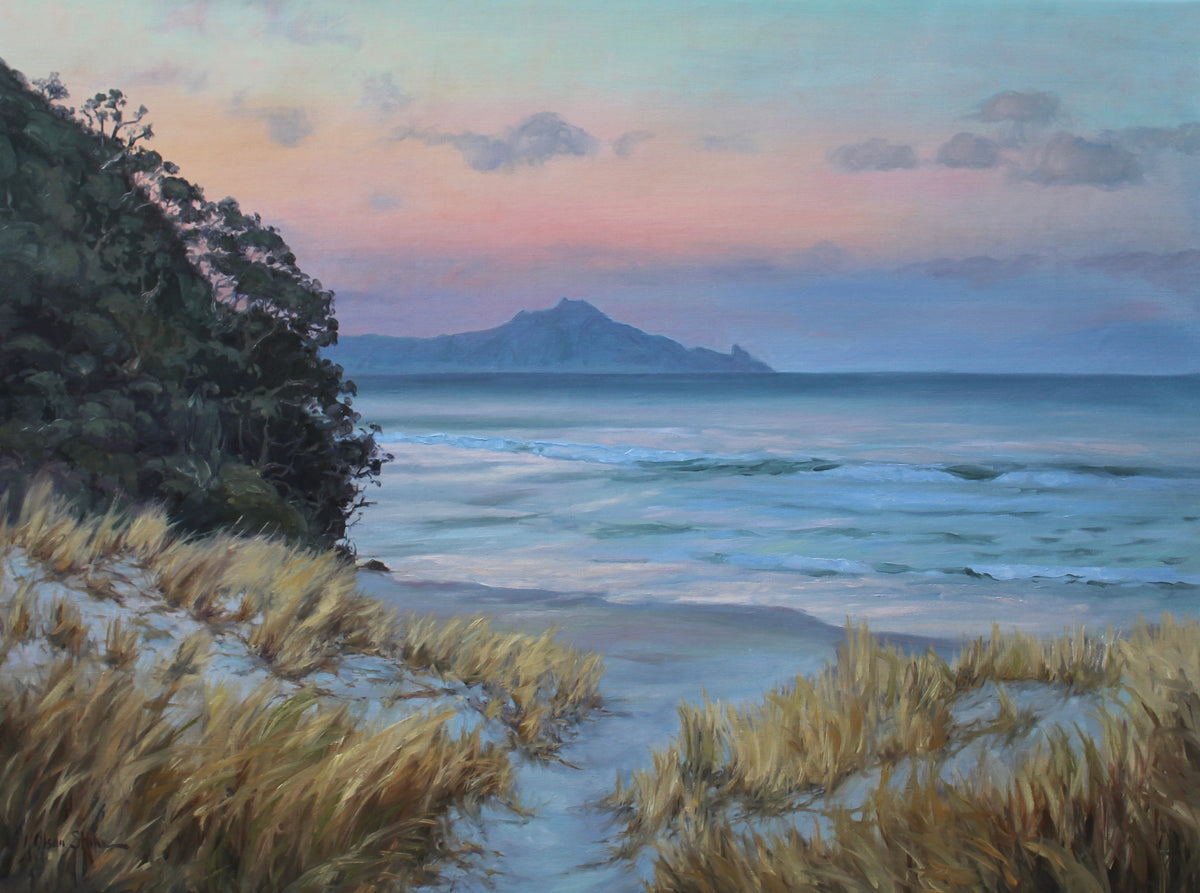 An original oil painting of  an evening scene with softly breaking waves and the sandy path through the sand dune grass that leads to the long beautiful beach.  Whangarei Heads.