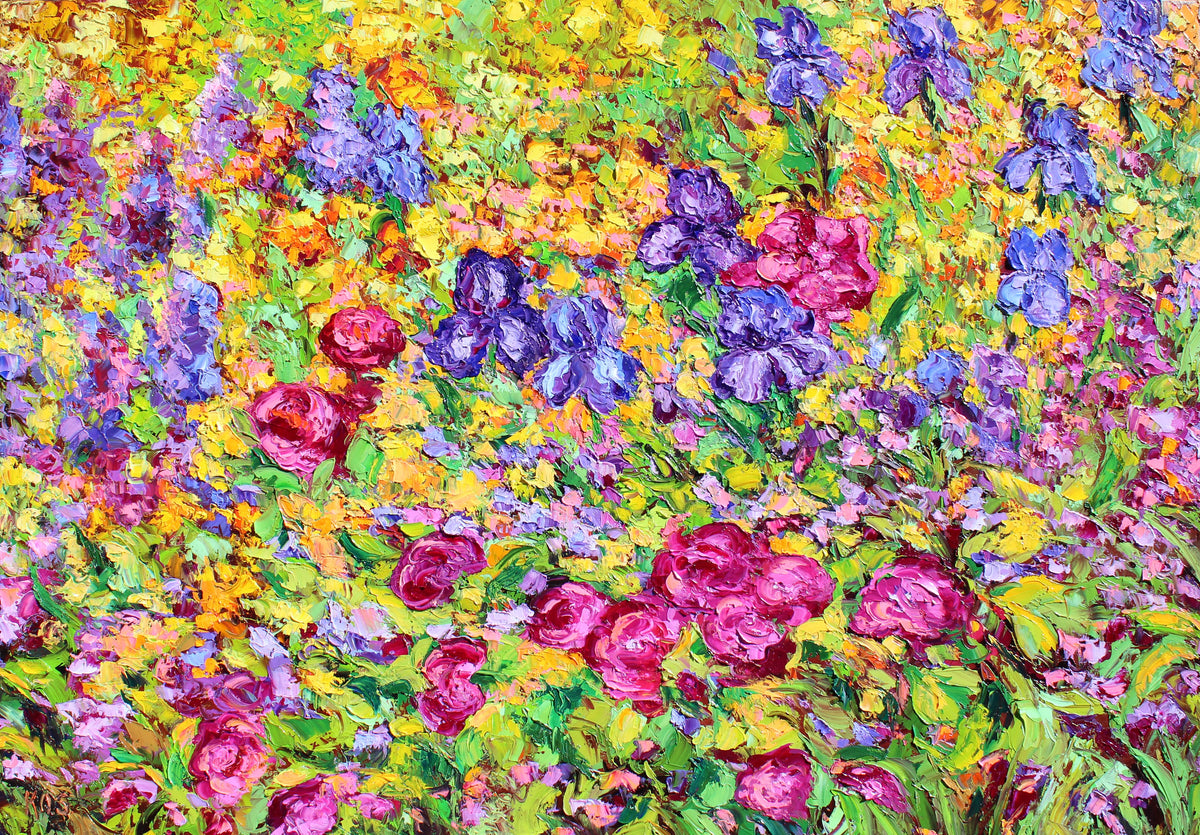 A vibrant oil painting of a flower garden with blue and purple iris flowers, and pink flowers, depicting a cheerful and colorful garden scene.