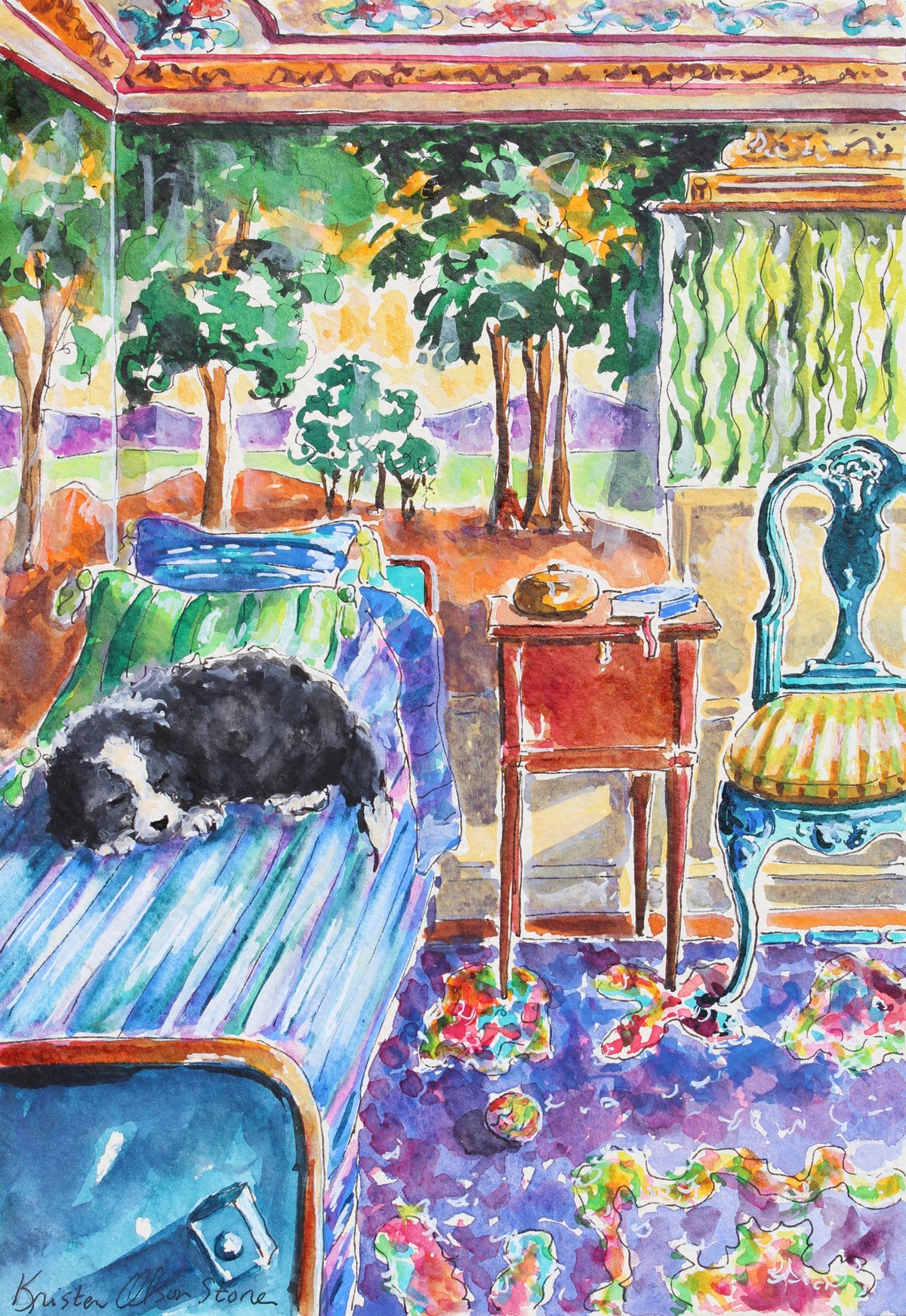A colorful watercolor painting of an interior room with a black-and-white dog sleeping on a blue striped sofa, a small red side table, a blue chair, and a landscape scene visible through the window. The artist's signature 'Buster Douglas' appears in the lower left corner.