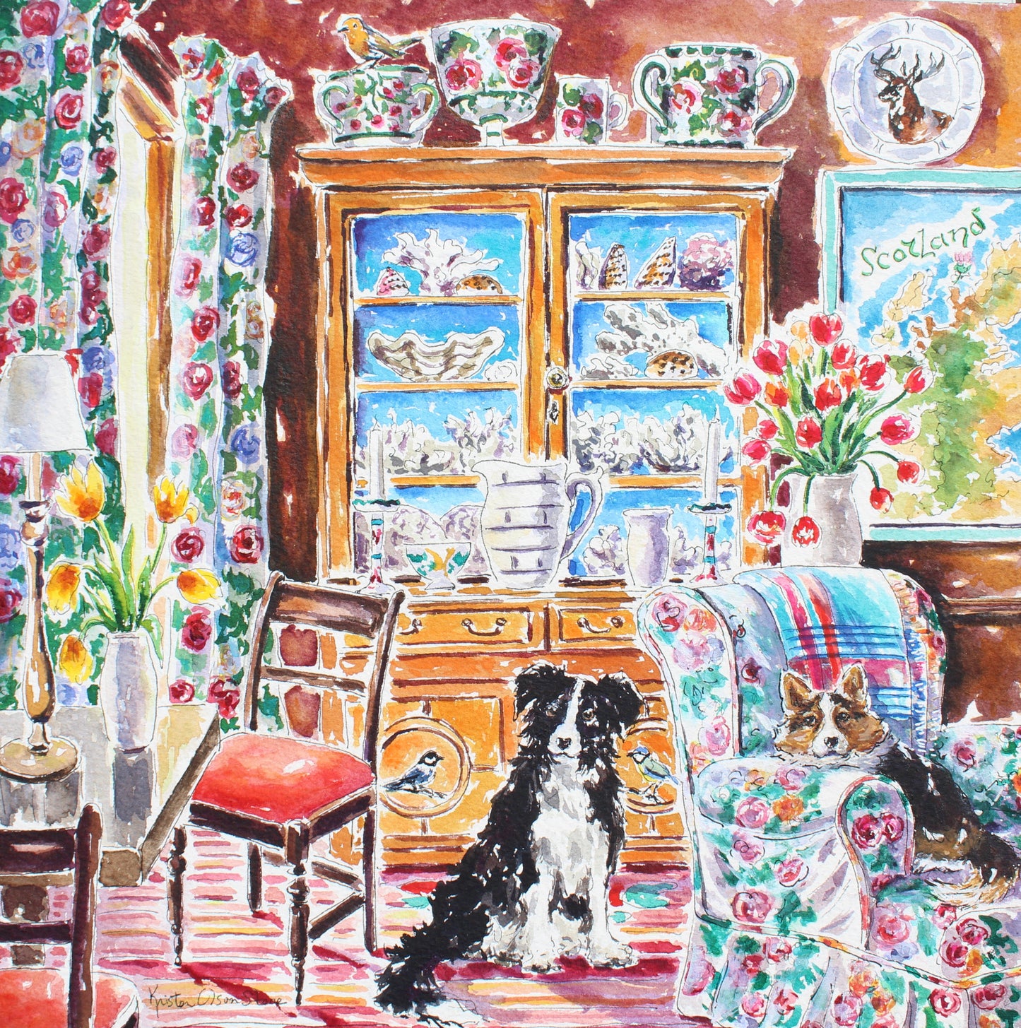 A watercolor painting of a Scottish home interior with a Border Collie and a Pembroke Corgi, featuring floral patterns, a window, and a cabinet filled with treasures.
