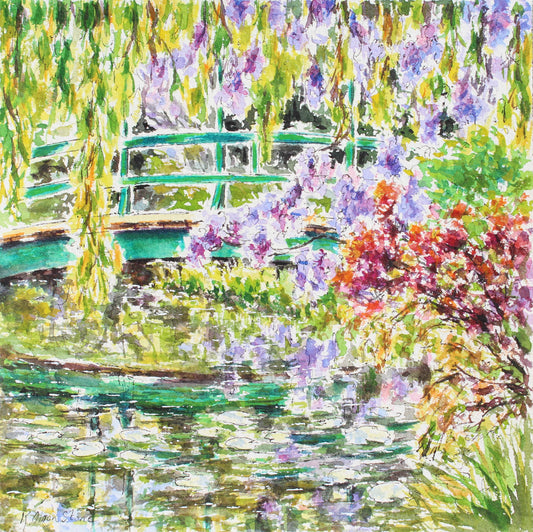Impressionist-style watercolor painting of Monet's garden pond scene with green foliage, purple wisteria flowers, a green bridge, and pink-red flowering shrubs reflected in the water.