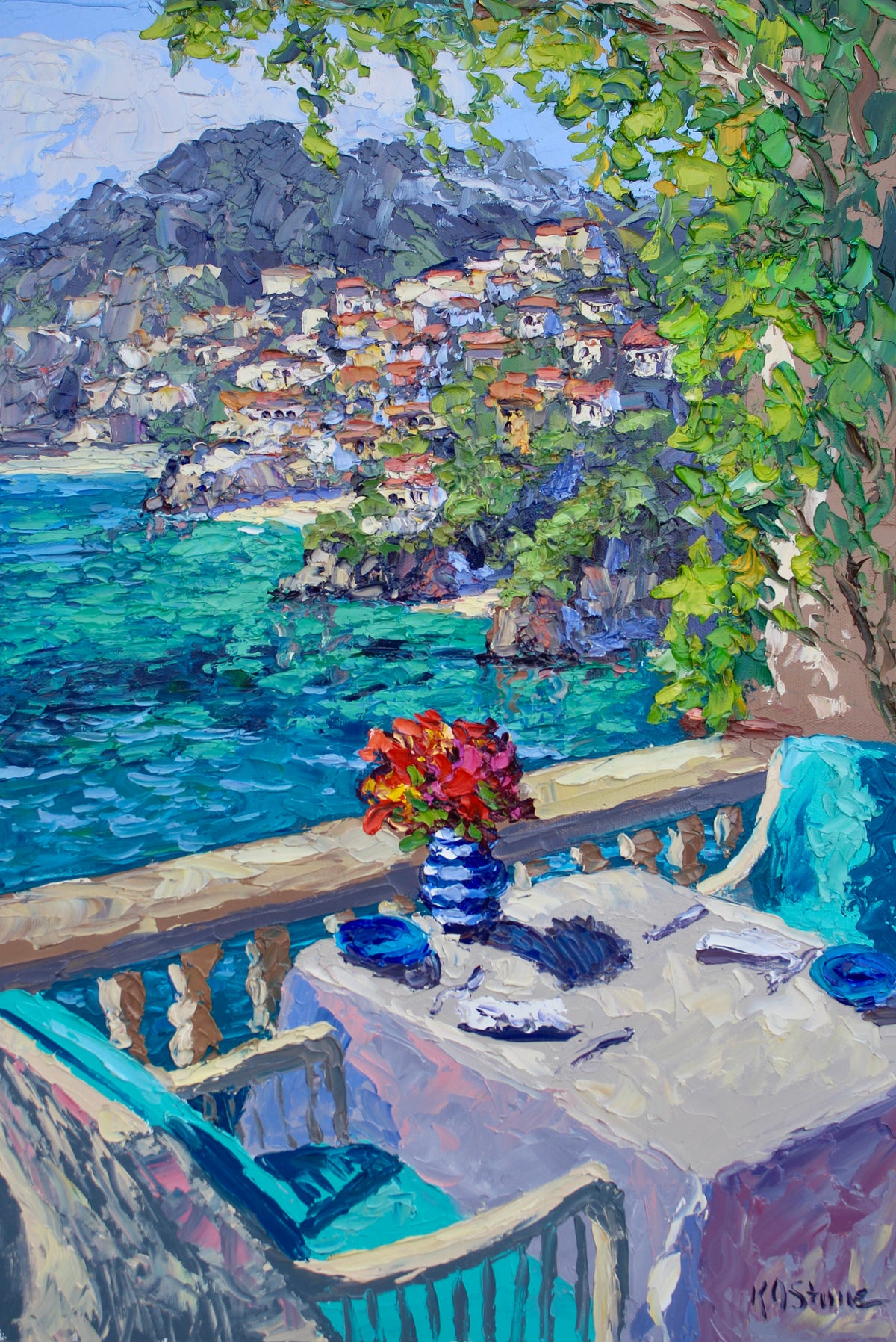An original oil painting depicting a sunny local scene with two chairs, a beautiful view of the Amalfi Coast, and vibrant colors.