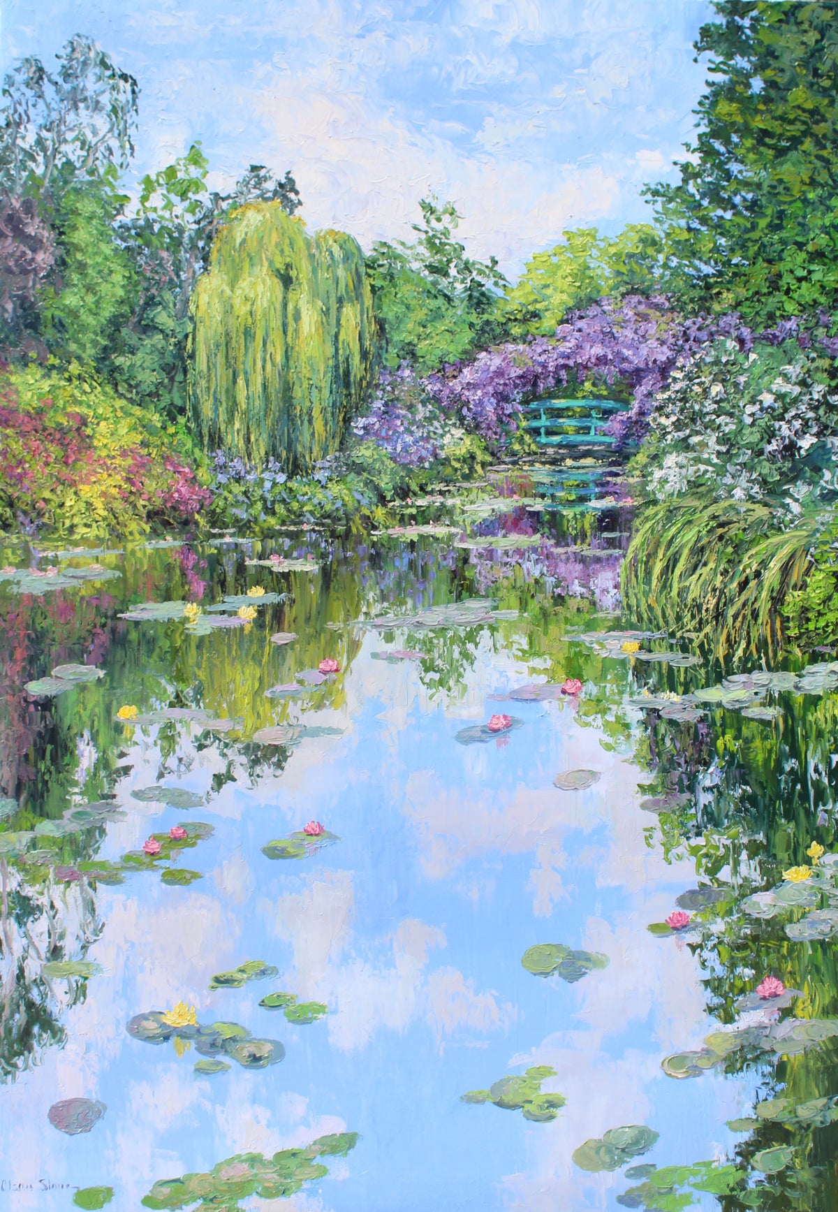 Original oil painting depicting a serene water lily pond scene with willow trees and wisteria in the background, reflecting in the water.