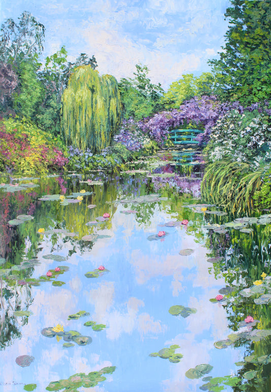 Original oil painting depicting a serene water lily pond scene with willow trees and wisteria in the background, reflecting in the water.
