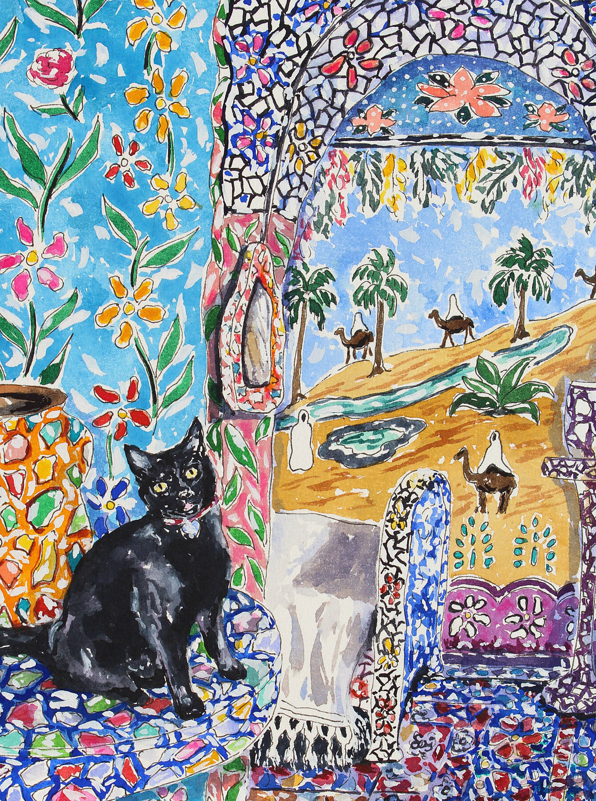 Colorful artwork with a black cat, white dog, and desert scene which is Naieve Artwork.