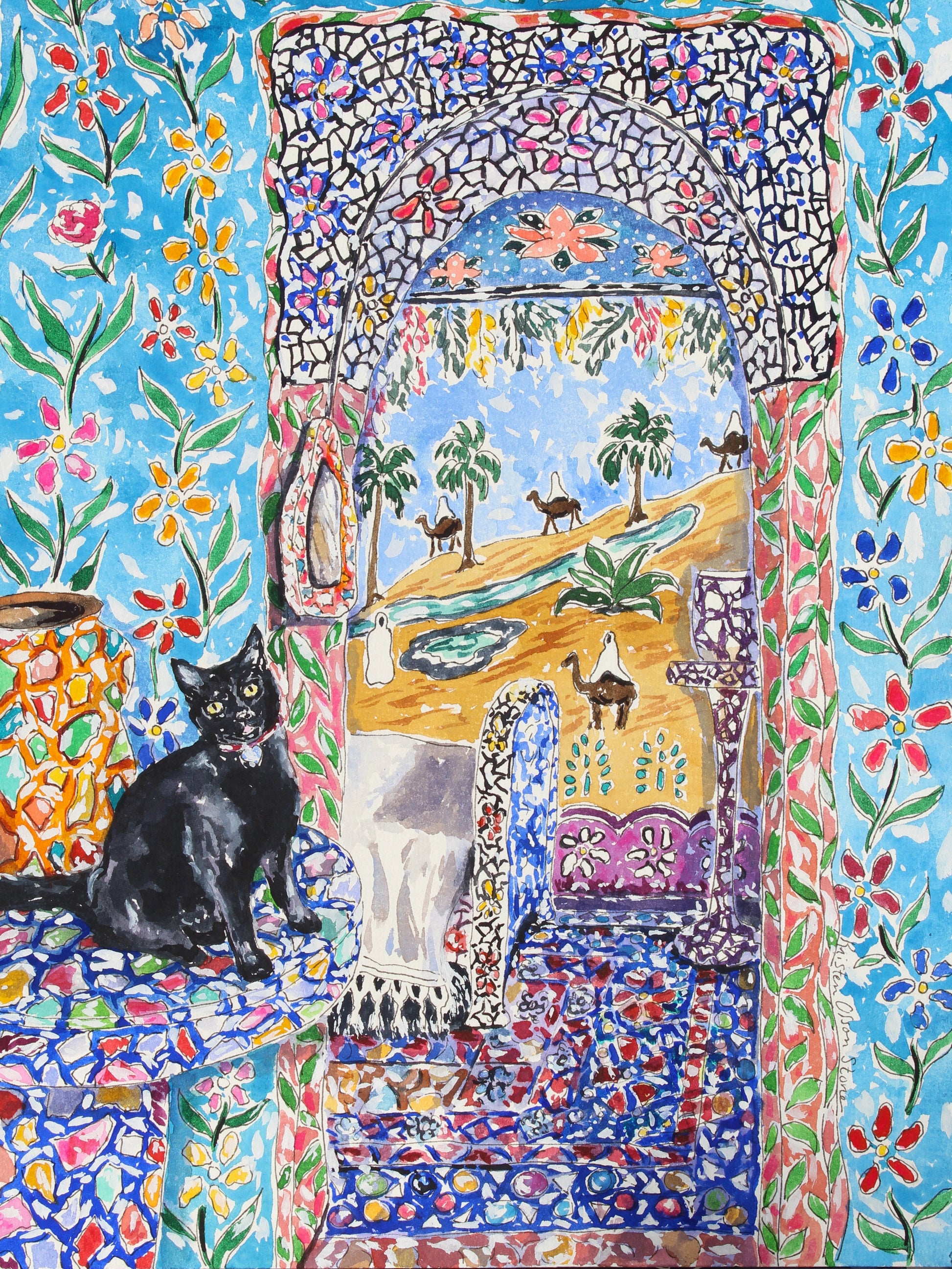 A watercolor painting of a black cat in a tiled room with a camel mural in the distance.  Wall decor for art collectors.