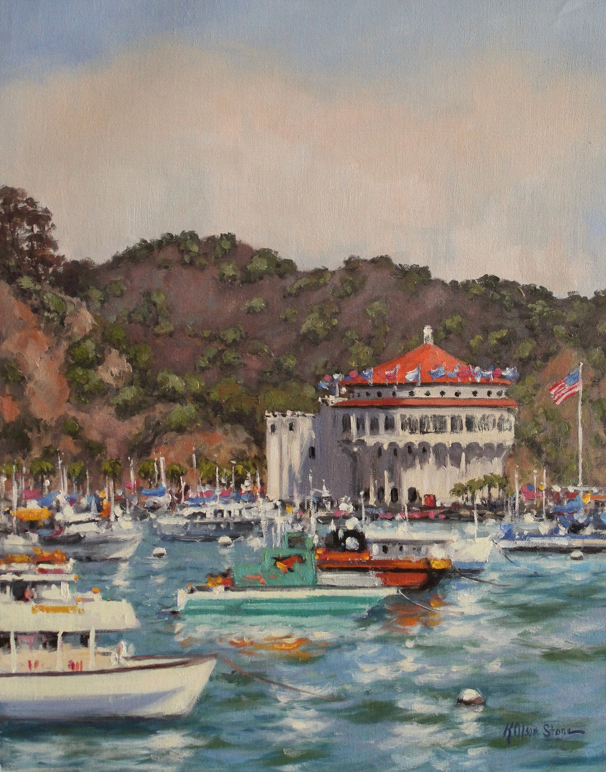 An plein air oil painting on canvas depicting the casino on Catalina Island with boats and reflections in the foreground.