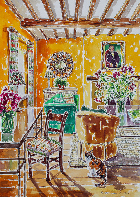 A vibrant and colorful watercolor painting of a cottage room with a calico cat, furniture, and decorative items in a garden cottage setting. Wall decor for art collectors.