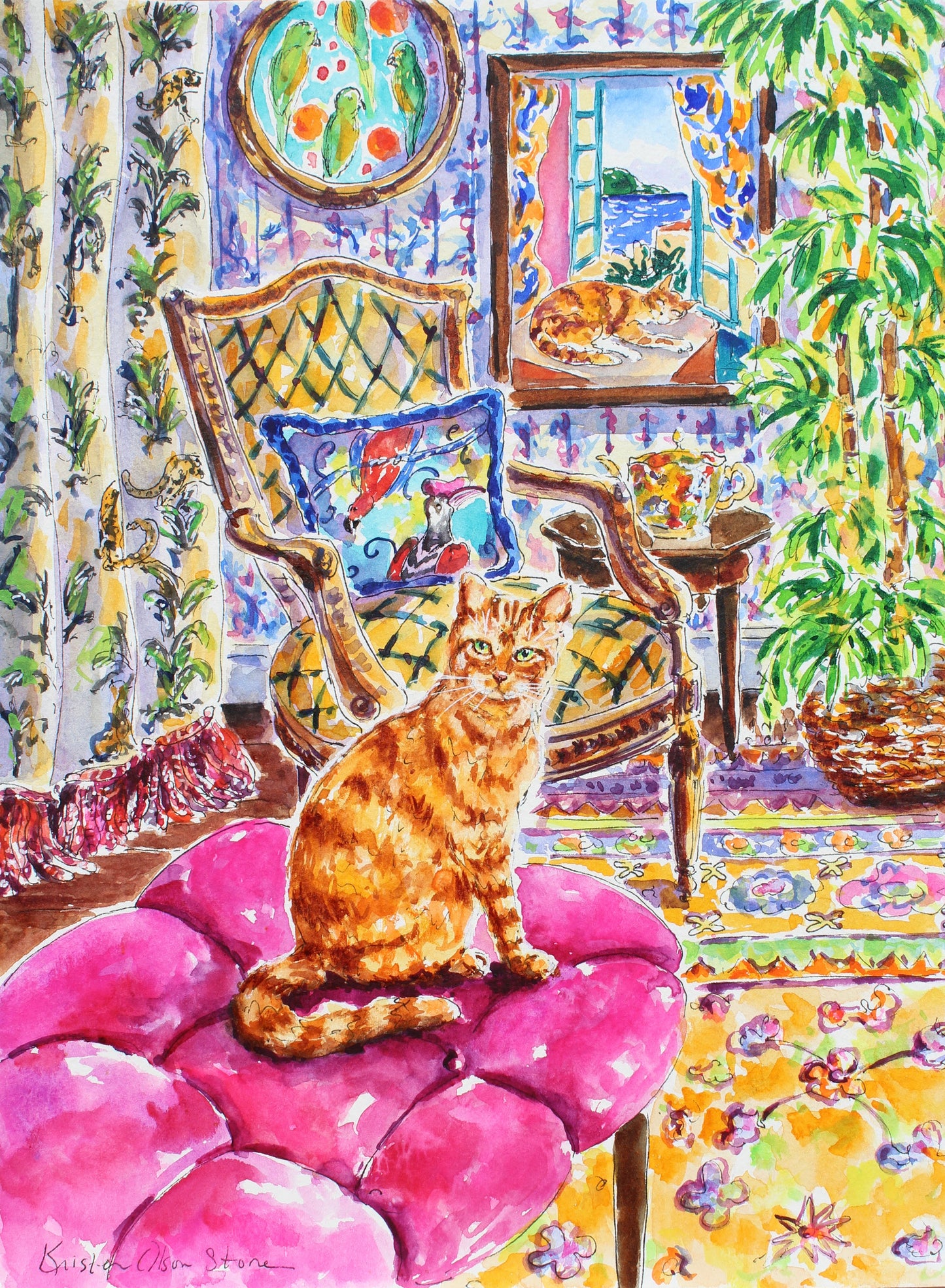 A colorful watercolor painting of an orange tabby cat sitting on a bright pink flower-shaped cushion in a richly decorated room with patterned wallpaper, a chair, a mirror, and a potted plant.