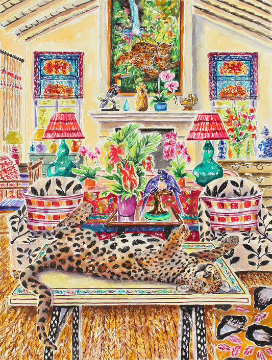 A vibrant watercolor painting featuring a jaguar lying on a table in a room with tropical decor, including colorful bottles, orchids, and a painting of jaguar cubs in the background.  Wall decor for art collectors.