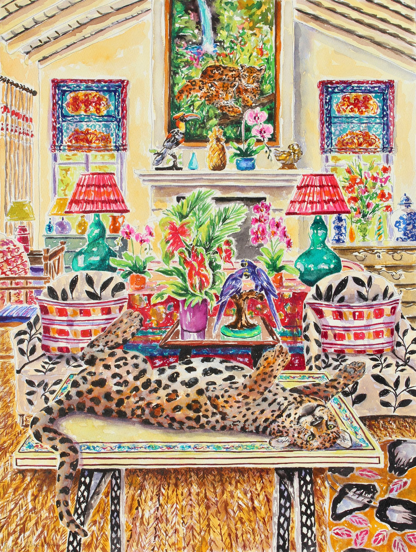 A watercolor and ink painting depicting a jaguar lying on a table in a room with colorful decor, including tropical flowers, a statue of a Hyacinth macaw, and a painting of jaguar cubs. wall art decor for collectors.