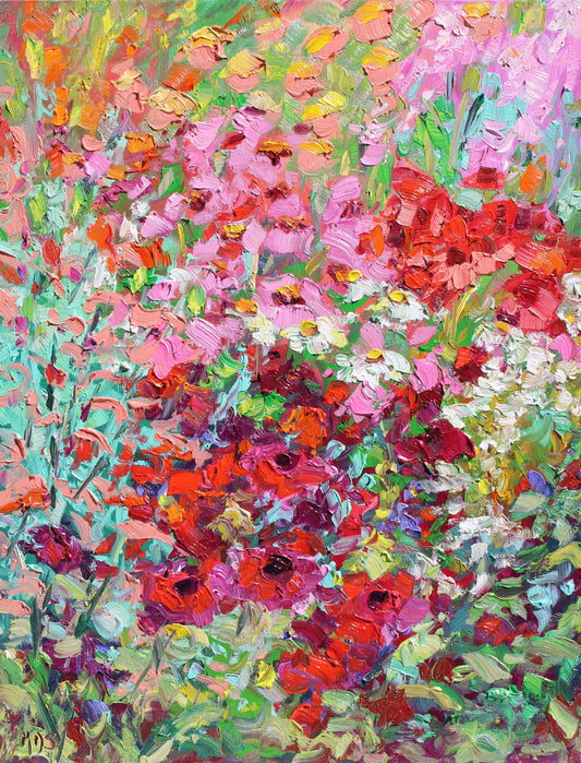 Original oil painting of colorful floral painting with a variety of flowers. Wall decor for art collectors.