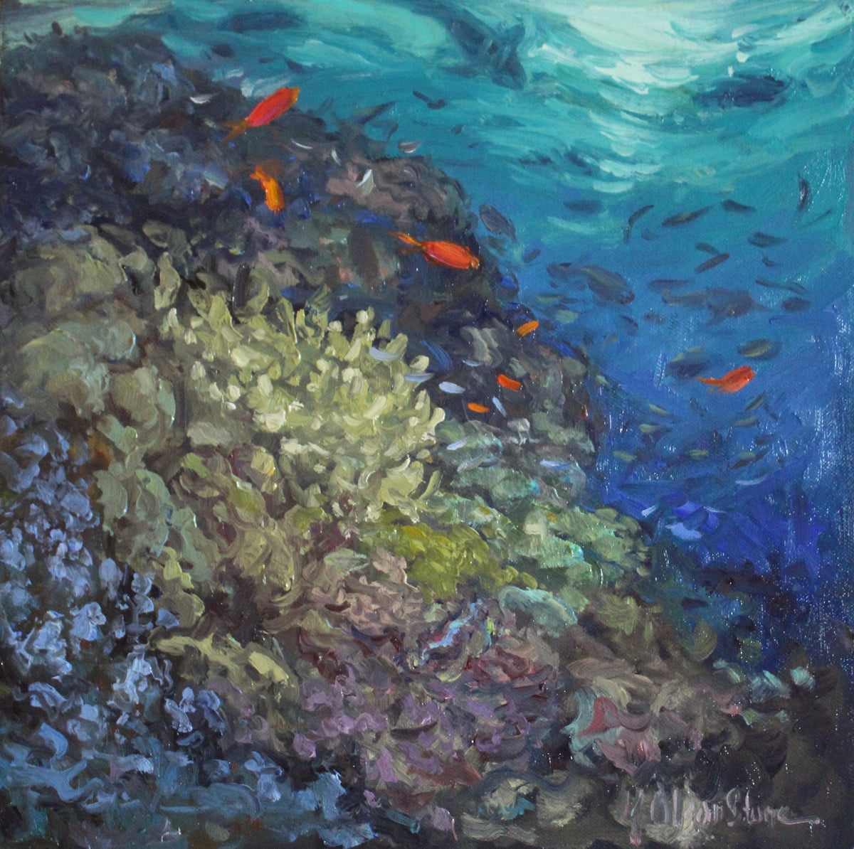 An original oil painting depicting a vibrant underwater scene with various fish and coral, signed by Kristen Olson Stone.