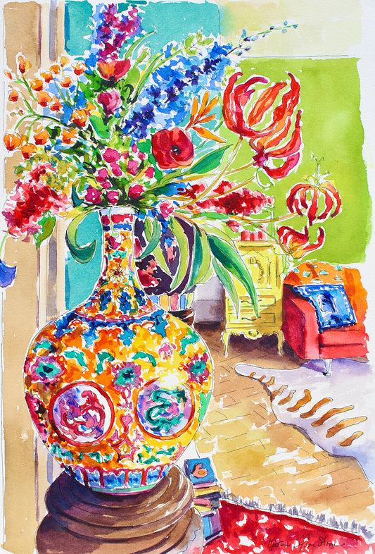 A colorful artistic depiction of a floral arrangement in a decorative vase, with a mix of realistic and chinoiserie elements, placed in an interior setting with furniture.  Wall decor for art collectors.