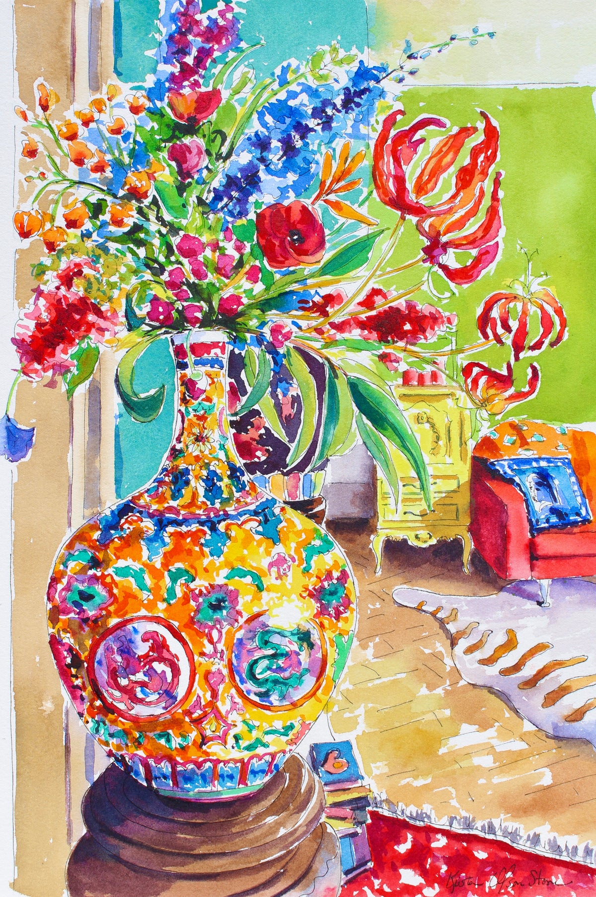 An Asian vase in a colorful room with colorful flowers.